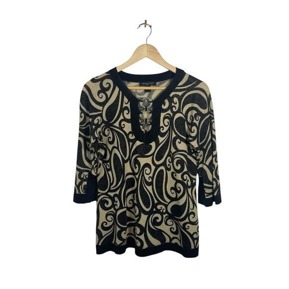 VINTAGE August Silk Knits Metallic Paisley Blouse in Black/Gold Size L - Picture 3 of 11